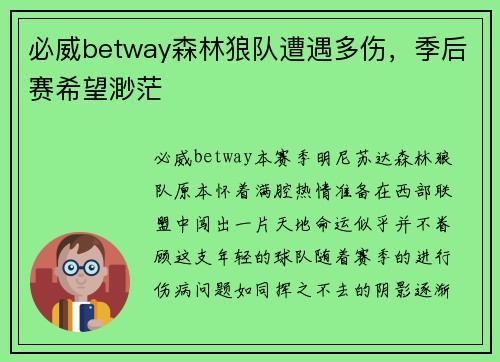 必威betway森林狼队遭遇多伤，季后赛希望渺茫