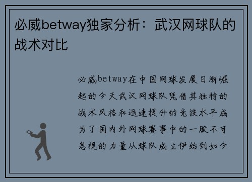 必威betway独家分析：武汉网球队的战术对比