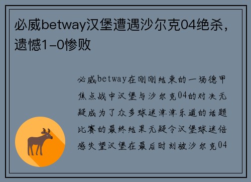 必威betway汉堡遭遇沙尔克04绝杀，遗憾1-0惨败