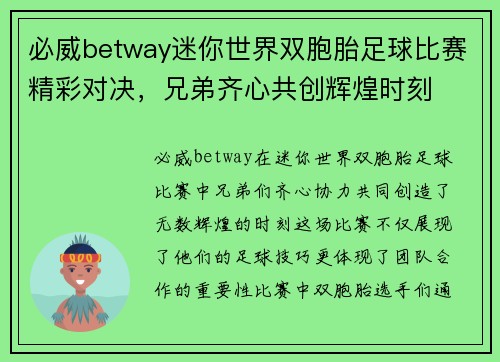 必威betway迷你世界双胞胎足球比赛精彩对决，兄弟齐心共创辉煌时刻