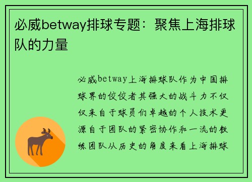 必威betway排球专题：聚焦上海排球队的力量