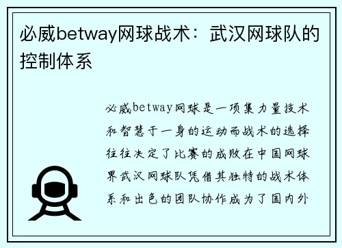 必威betway网球战术：武汉网球队的控制体系