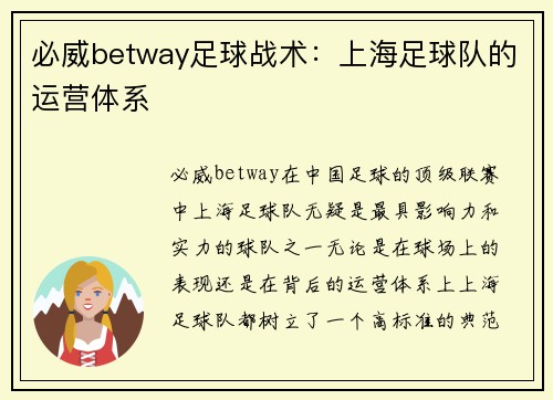 必威betway足球战术：上海足球队的运营体系