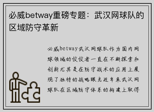 必威betway重磅专题：武汉网球队的区域防守革新